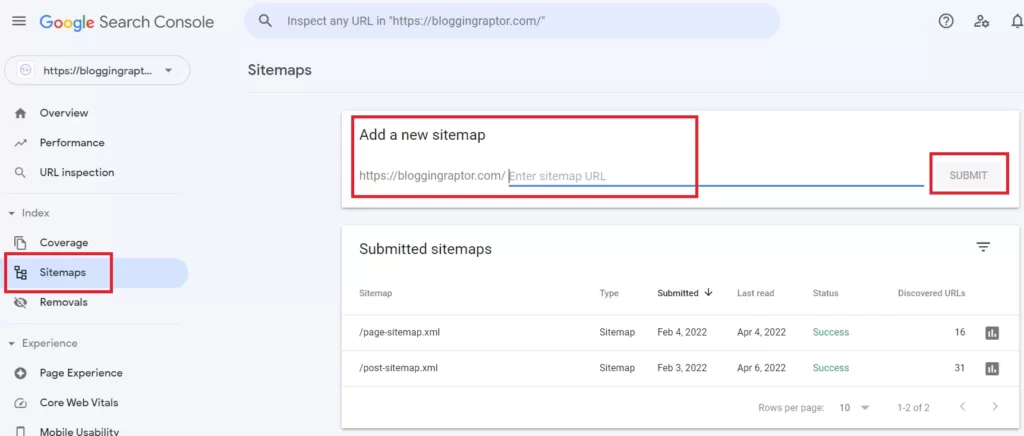 adding sitemap in google search console