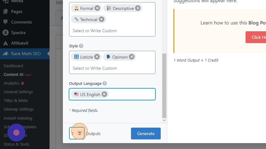 rankmath content AI blog post outline select number of outputs
