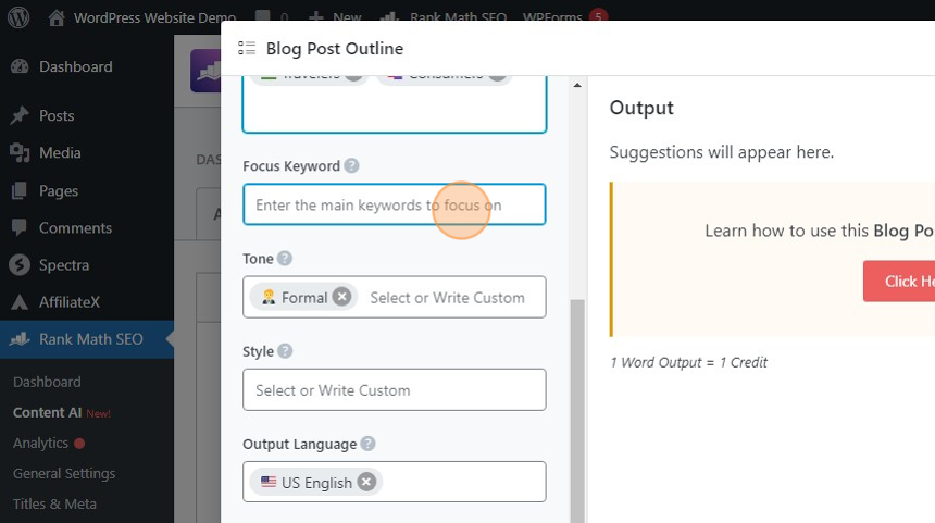 rankmath content AI blog post outline add focus keyword