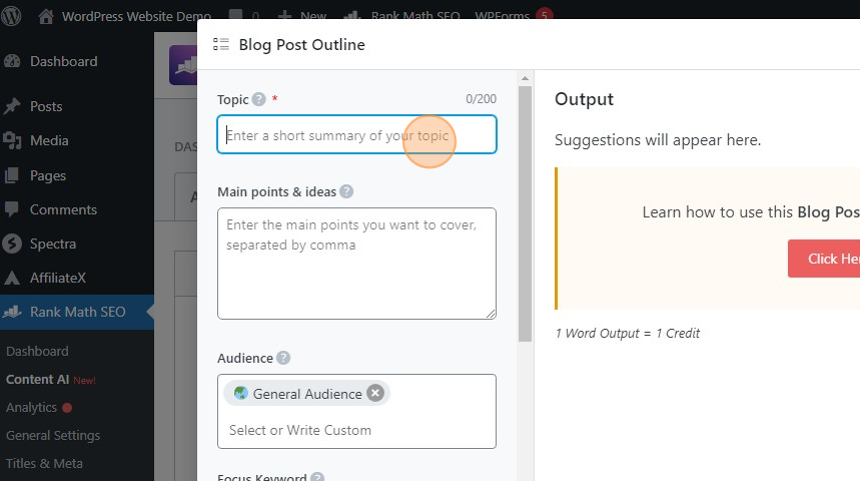 rankmath content AI blog post outline topic