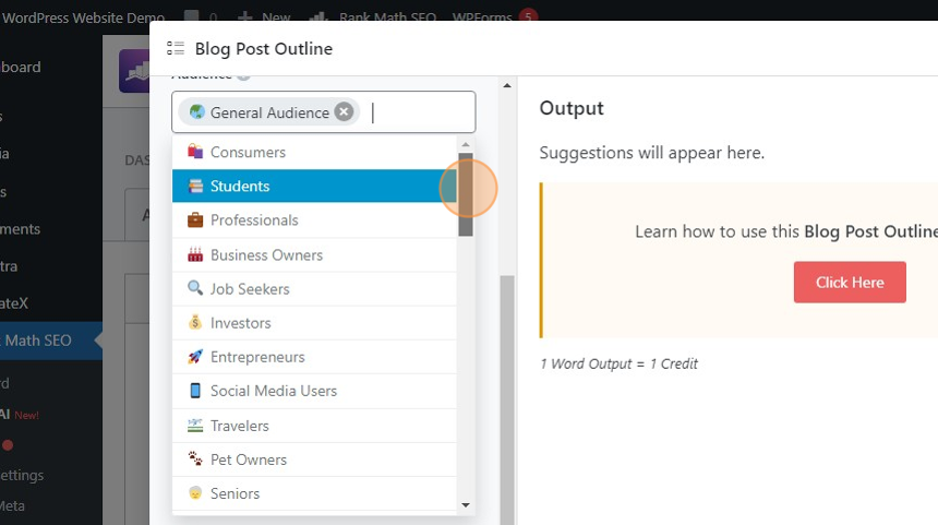 rankmath content AI blog post outline select audience