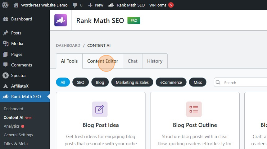 rankmath content AI dashboard