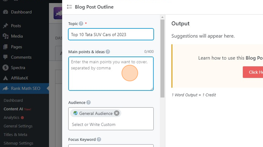 rankmath content AI blog post outline main points and ideas