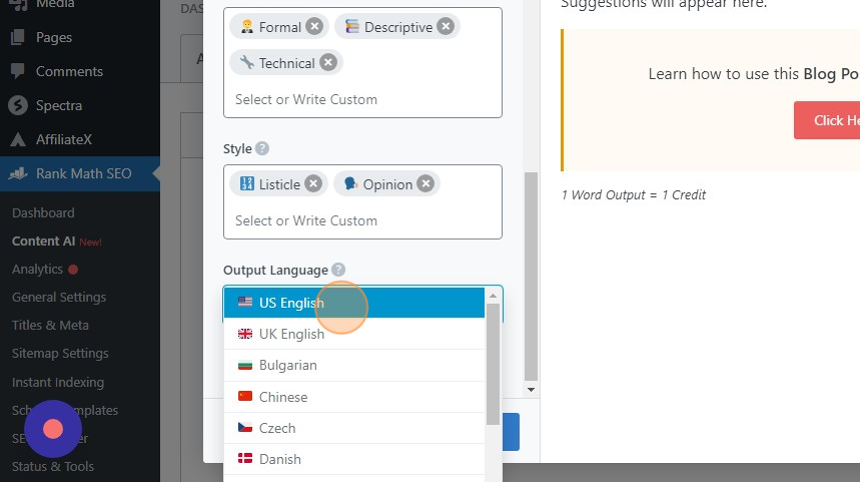 rankmath content AI blog post outline select output language